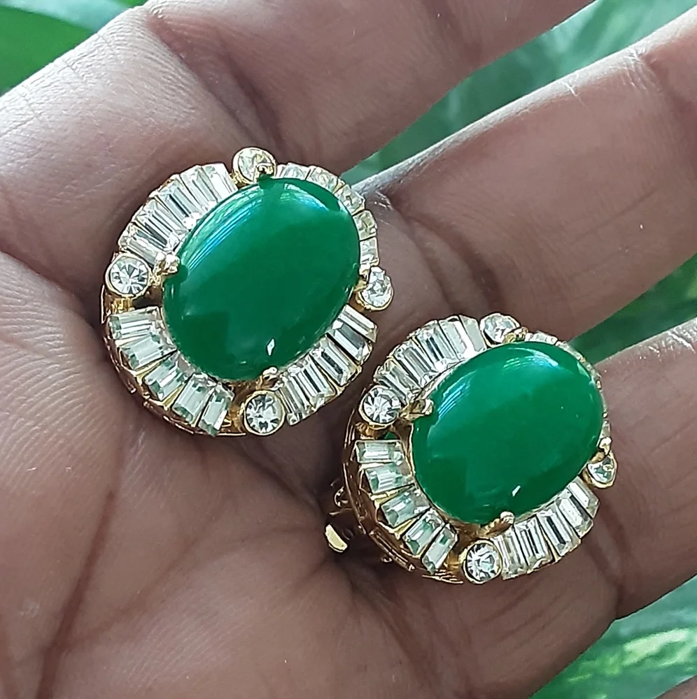 Chrysoprase Cabochon Gold Plated Baguette | Round CZ Clip On Earrings - Vtg